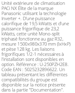 Unité extérieure PACi NX Élite 19.5 kWatts Triphasé - R32 - Panasonic - Réf : U-250PZH2E8