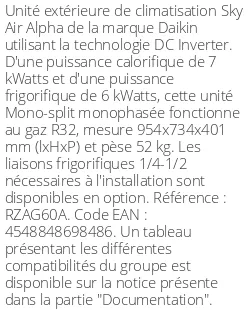 Unité extérieure Sky Air Alpha 7 kWatts - R32 - Daikin - Réf : RZAG60A