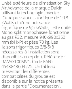 Unité extérieure Sky Air Advance 10.8 kWatts Monophasé - R32 - Daikin - Réf : RZASG100MV1