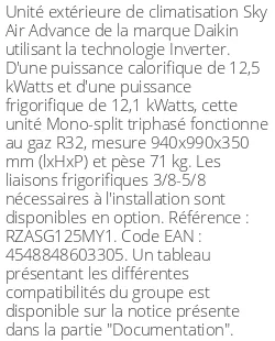 Unité extérieure Sky Air Advance 12.5 kWatts Triphasé - R32 - Daikin - Réf : RZASG125MY1