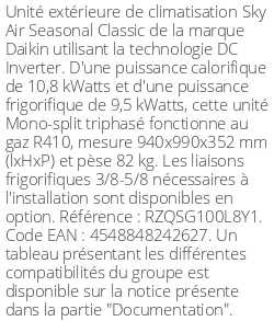 Unité extérieure Sky Air Seasonal Classic 10.8 kWatts Triphasé - R410 - Daikin - Réf : RZQSG100L8Y1