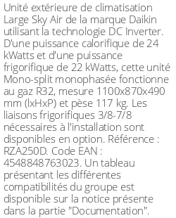 Unité extérieure Large Sky Air 24 kWatts - R32 - Daikin - Réf : RZA250D