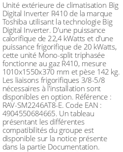 Unité extérieure Big Digital Inverter 22.4 kWatts - R410 - Toshiba - Réf : RAV-SM2246AT8-E