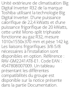 Unité extérieure Big Digital Inverter 22.4 kWatts - R32 - Toshiba - Réf : RAV-GM2241AT8-E1