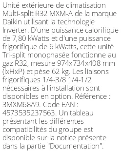 Unité extérieure Multi-split 8.6 kWatts 3 sorties - R32 - Daikin - Réf : 3MXM68A9