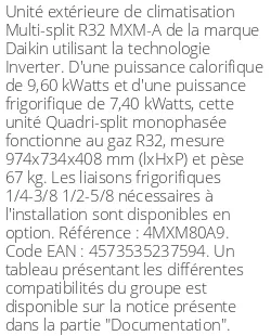Unité extérieure Multi-split 9.60 kWatts 4 sorties - R32 - Daikin - Réf : 4MXM80A9
