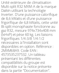Unité extérieure Multi-split 8.6 kWatts 2 sorties - R32 - Daikin - Réf : 2MXM68A9