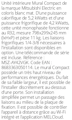 Split mural Compact - 5.2 kWatts - R32 - Mitsubishi Electric - Réf : MSZ-AY42VGK
