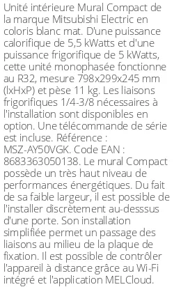 Split mural Compact - 5.5 kWatts - R32 - Mitsubishi Electric - Réf : MSZ-AY50VGK