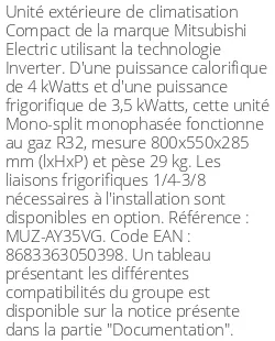 Unité extérieure Compact 4 kWatts - R32 - Mitsubishi Electric - Réf : MUZ-AY35VG