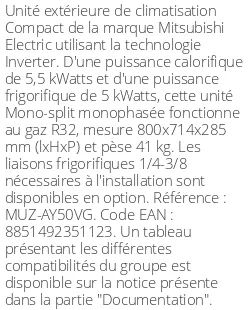 Unité extérieure Compact 5.5 kWatts - R32 - Mitsubishi Electric - Réf : MUZ-AY50VG
