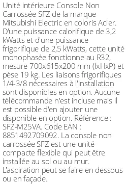 Console Non Carrossée SFZ - 3.2 kWatts - Mitsubishi Electric - Réf : SFZ-M25VA