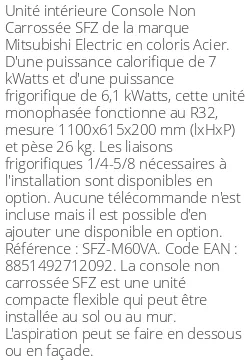 Console Non Carrossée SFZ - 7 kWatts - Mitsubishi Electric - Réf : SFZ-M60VA