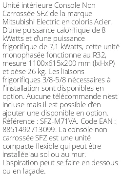 Console Non Carrossée SFZ - 8 kWatts - Mitsubishi Electric - Réf : SFZ-M71VA