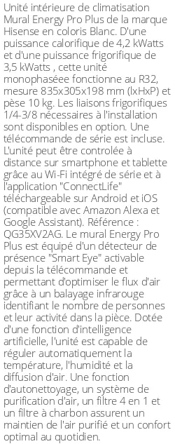 Split mural Energy Pro Plus - 4.2 kWatts - R32 - Hisense - Réf : QG35XV2AG
