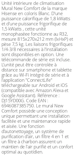 Split mural New Comfort - 1.8 kWatts - R32 - Hisense - Réf : DJ15YD00G