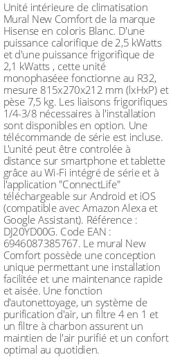 Split mural New Comfort - 2.5 kWatts - R32 - Hisense - Réf : DJ20YD00G