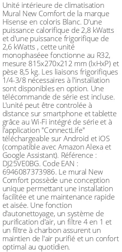 Split mural New Comfort - 2.8 kWatts - R32 - Hisense - Réf : DJ25VE0BG