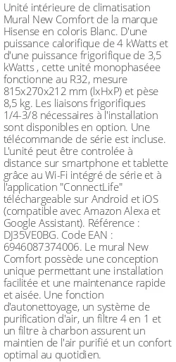 Split mural New Comfort - 4 kWatts - R32 - Hisense - Réf : DJ35VE0BG