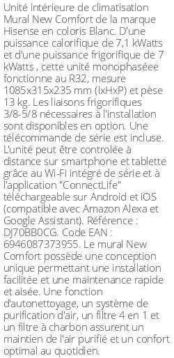 Split mural New Comfort - 7.1 kWatts - R32 - Hisense - Réf : DJ70BB0CG