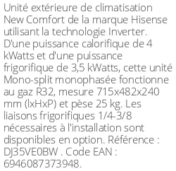 Unité extérieure New Comfort 4 kWatts - R32 - Hisense - Réf : DJ35VE0BW