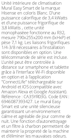 Split mural Easy Smart - 3.4 kWatts - R32 - Hisense - Réf : CA35YR03G