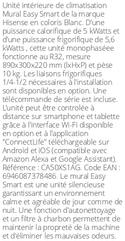 Split mural Easy Smart - 5 kWatts - R32 - Hisense - Réf : CA50XS1AG