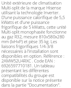 Unité extérieure Multi-split 5.5 kWatts 2 sorties - R32 - Hisense - Réf : 2AMW52U4RXC