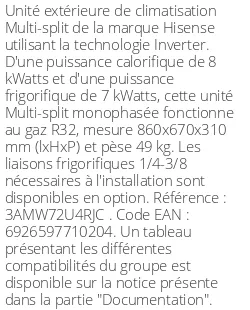 Unité extérieure Multi-split 8 kWatts 3 sorties- R32 - Hisense - Réf : 3AMW72U4RJC