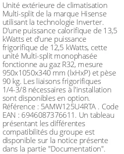 Unité extérieure Multi-split 13.5 kWatts 5 sorties - R32 - Hisense - Réf : 5AMW125U4RTA
