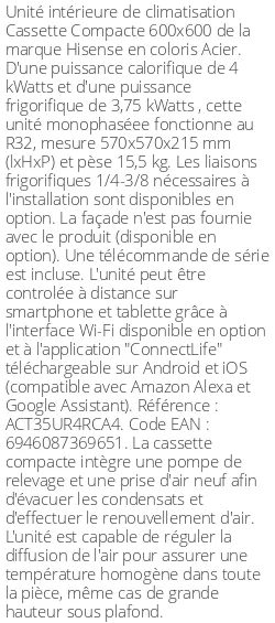 Cassette 4 voies Compacte 600 X 600 - 4 kWatts - R32 - Hisense - Réf : ACT35UR4RCA4