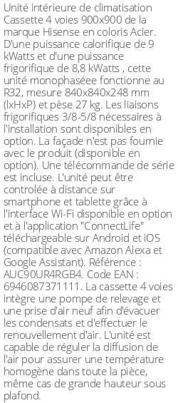 Cassette 4 voies 900 X 900 - 9 kWatts - R32 - Hisense - Réf : AUC90UR4RGB4