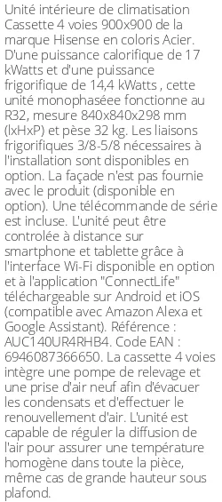 Cassette 4 voies 900 X 900 - 17 kWatts - R32 - Hisense - Réf : AUC140UR4RHB4