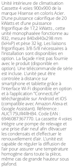 Cassette 4 voies 900 X 900 - 20 kWatts - R32 - Hisense - Réf : AUC175UR4RHB4