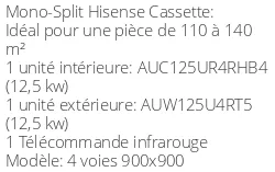 Climatiseur Cassette 4 voies 900x900, 12,7 kWatts Monophasé