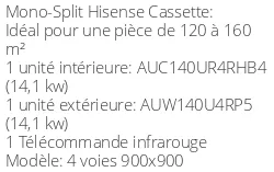 Climatiseur Cassette 4 voies 900x900, 14,4 kWatts Monophasé