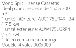 Climatiseur Cassette 4 voies 900x900, 17,2 kWatts Triphasé