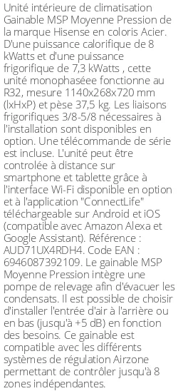 Gainable MSP Moyenne Pression - 8 kWatts - R32 - Hisense - Réf : AUD71UX4RDH4