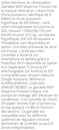 Gainable MSP Moyenne Pression - 9 kWatts - R32 - Hisense - Réf : AUD90UX4RDH5