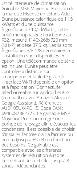 Gainable MSP Moyenne Pression - 11.5 kWatts - R32 - Hisense - Réf : AUD105UX4RDH5