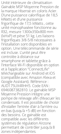 Gainable MSP Moyenne Pression - 18.5 kWatts - R32 - Hisense - Réf : AUD175UX4RHH5