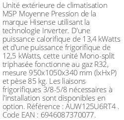 Unité extérieure Gainable MSP Moyenne Pression 13.4 kWatts Triphasé - R32 - Hisense - Réf : AUW125U6RT4