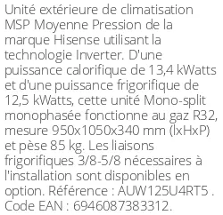 Unité extérieure Gainable MSP Moyenne Pression 13.4 kWatts Monophasé - R32 - Hisense - Réf : AUW125U4RT5