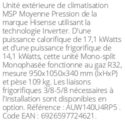 Unité extérieure Gainable MSP Moyenne Pression 17.1 kWatts Monophasé - R32 - Hisense - Réf : AUW140U4RP5