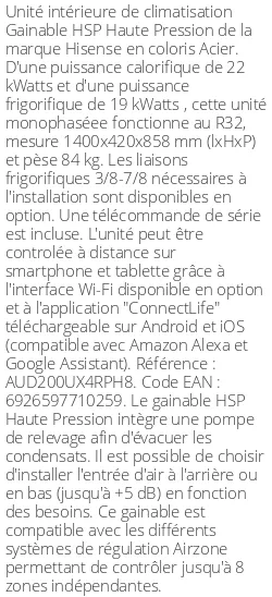 Gainable HSP Haute Pression - 22 kWatts - R32 - Hisense - Réf : AUD200UX4RPH8