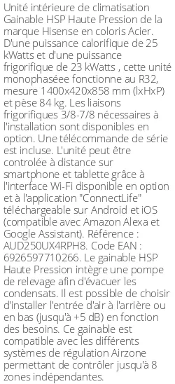 Gainable HSP Haute Pression - 25 kWatts - R32 - Hisense - Réf : AUD250UX4RPH8
