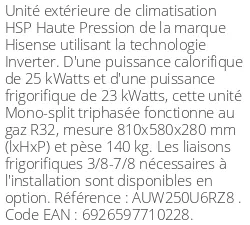 Unité extérieure Gainable HSP Haute Pression 25 kWatts - R32 - Hisense - Réf : AUW250U6RZ8