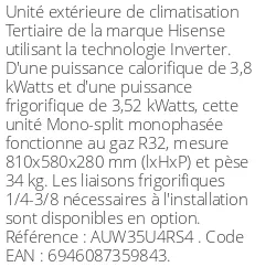 Unité extérieure Tertiaire 3.8 kWatts Monophasé - R32 - Hisense - Réf : AUW35U4RS4