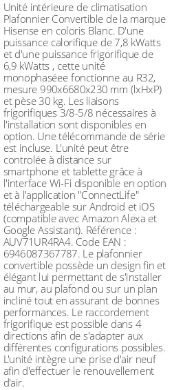 Plafonnier Convertible - 7.8 kWatts - R32 - Hisense - Réf : AUV71UR4RA4