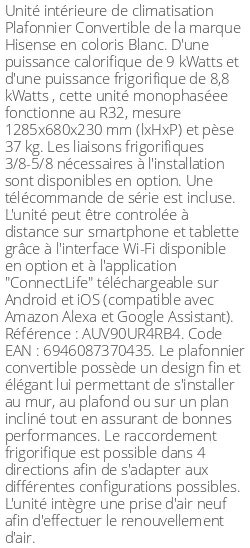 Plafonnier Convertible - 9 kWatts - R32 - Hisense - Réf : AUV90UR4RB4